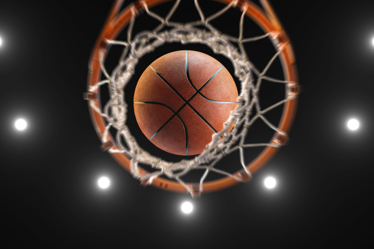 3d rendering basketball on hoop